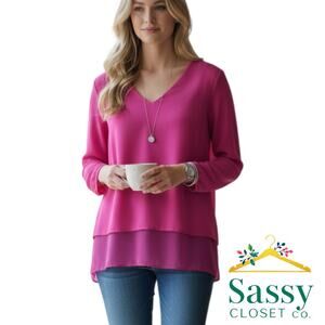 ✨ MICHAEL KORS Fuchsia V-Neck Blouse XS 3/4 Sleeve Vibrant Barbiecore EUC 💖